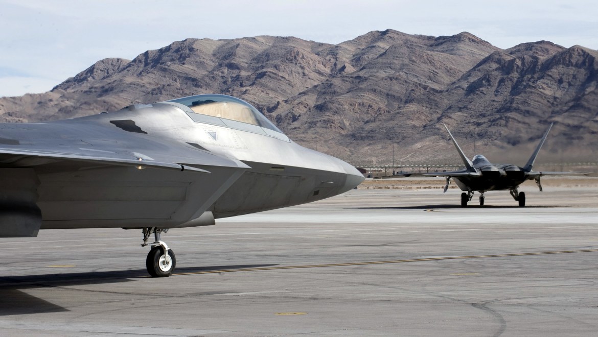 U.S. Air Force F-22 Raptors, 49th Fighter Wing, Holloman Air Force Base, N.M., taxi out to the runway for a training mission over the Nevada Test and Training Range during Red Flag 11-3 at Nellis Air Force Base, Nev., March 1, 2011. Red Flag is a realistic combat training exercise involving the air forces of the United States and its allies. The exercise is hosted north of Las Vegas on the Nevada Test and Training Range.(U.S. Air Force photo by Senior Airman Brett Clashman/Released)